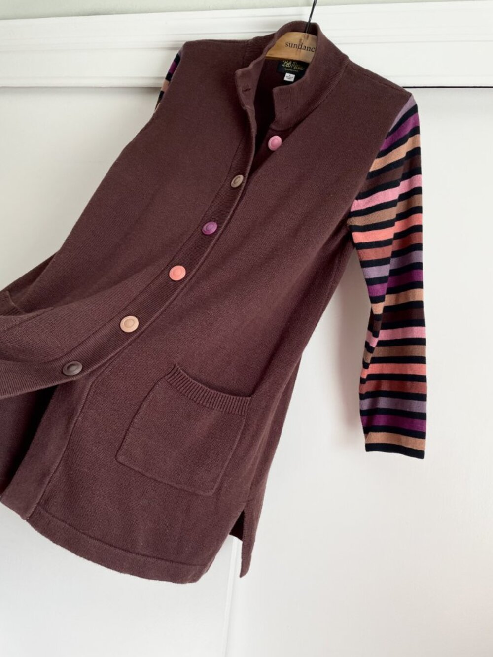 Bob Mackie Vintage Button Front Tall Long Cardigan Sweater L Brown Stripe Duster - Picture 9 of 10